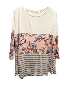 Luna Floral & Stripe Colorblock 3/4 Sleeve Top